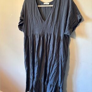Neuflora Size Large Navy V Neck Tiered Cotton Midi Dress
